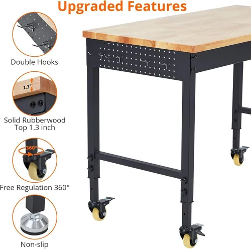 Vista 6 de TrailBlaze Banco de trabajo de 48 x 24 pulgadas para garaje, estación de trabajo resistente con 4 ruedas con bloqueo, mesa de taller de madera