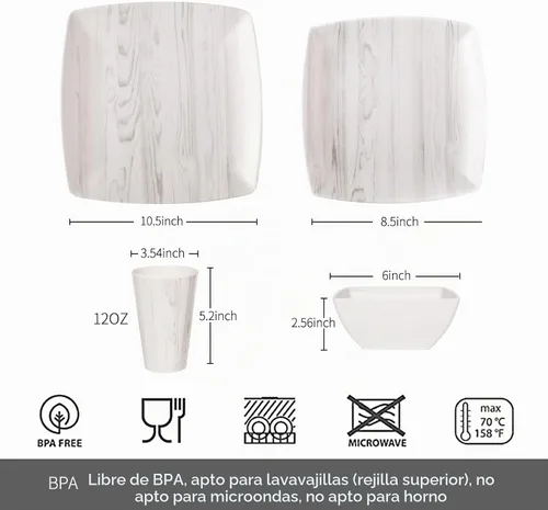 Vista 2 de Juego de vajilla de melamina de 16 piezas con aspecto de madera, tazas cuadradas, vasos de madera de grano de madera, platos de plástico