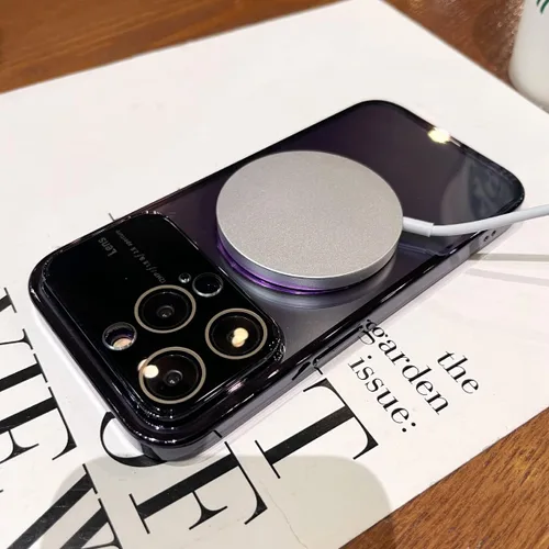 Vista 5 de Funda para iPhone 13, 14, 12, Pro Max, protector de cámara para lente de vidrio, vista de logotipo compatible con MagSafe, magnética transparente