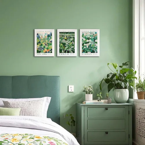 Vista 4 de XLARTMY Impresiones de Arte de Pared del Mercado de Flores Lienzo Verde Amarillo Blanco Pinturas Florales Coloridos Pósteres Botánicos de Flores