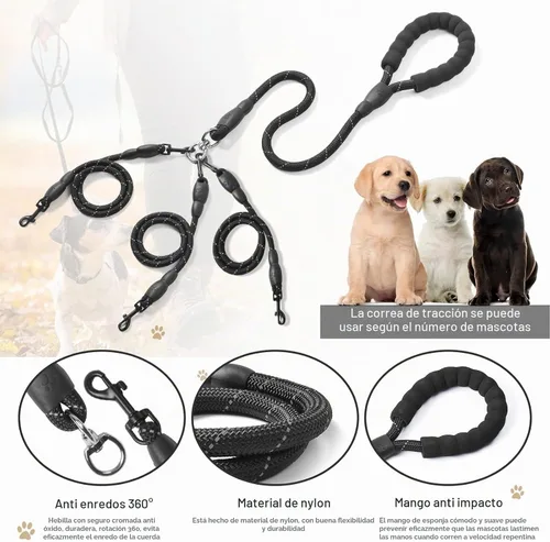 Vista 4 de Correa para perro de 3 vías, correa de perro de 57 pulgadas desmontable giratoria 360 sin enredos con mango acolchado suave para perros Negro de 3