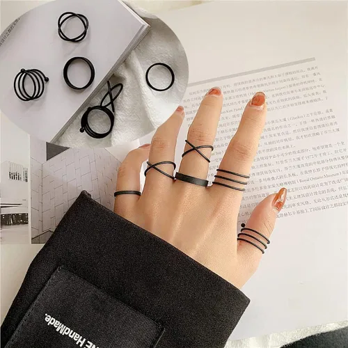 Vista 3 de Juego de anillos negros para nudillos para mujer, vintage, apilables, anillos midi bohemios, de cristal, perla y ola marina, paquete de anillos
