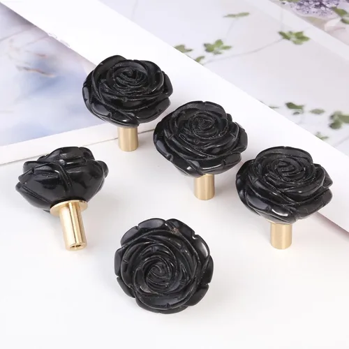 Vista 6 de mookaitedecor 4 tiradores florales de obsidiana negra para cajones Negro