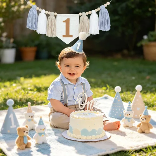Vista 4 de DCJHFJ Decoraciones de primer cumpleaños para niño, pancarta azul para silla alta con sombrero de primer cumpleaños y una decoración de pastel
