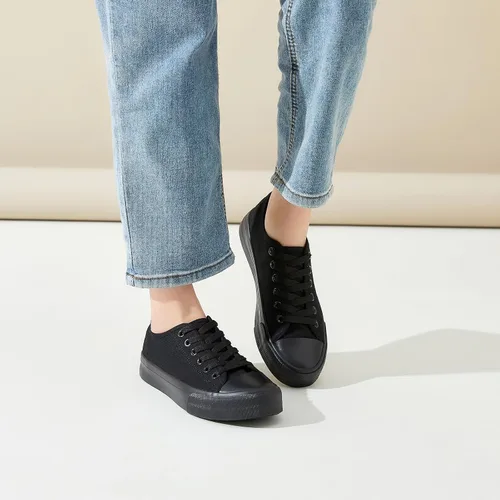 Vista 8 de Zapatos de lona transpirables para mujer, tenis de lona con cordones para mujer, tenis de moda de caña baja, tenis clásicos en blanco y negro