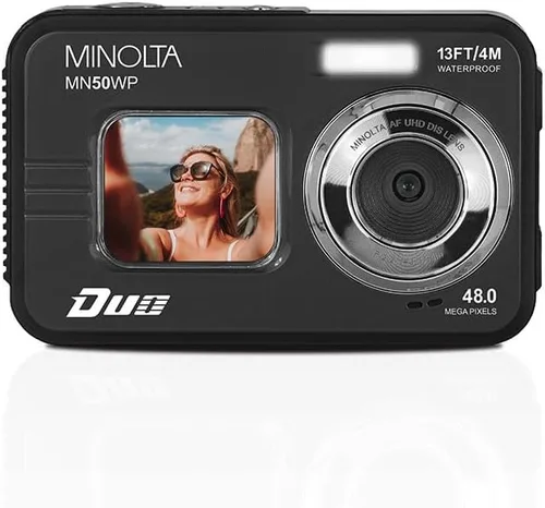 Vista 2 de Minolta Cámara digital subacuática de 48 MP: video Ultra HD 5K, enfoque automático, zoom digital de 16x, pantallas LCD duales, pantalla frontal