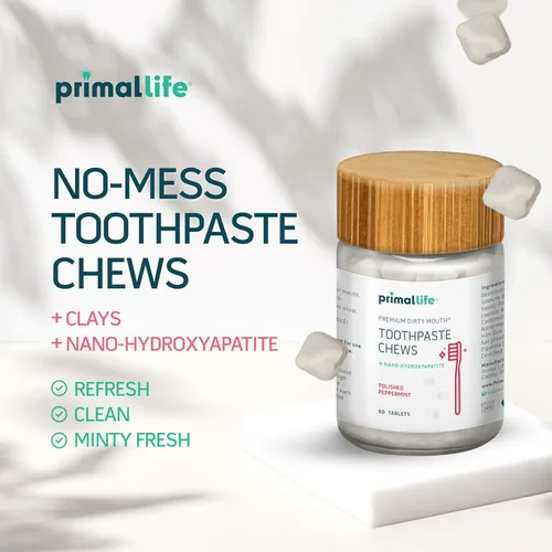 Vista 2 de Primal Life Organics Pasta de dientes masticables de boca sucia prémium – Tabletas de pasta de dientes blanqueadoras con nano-hidroxiapatita