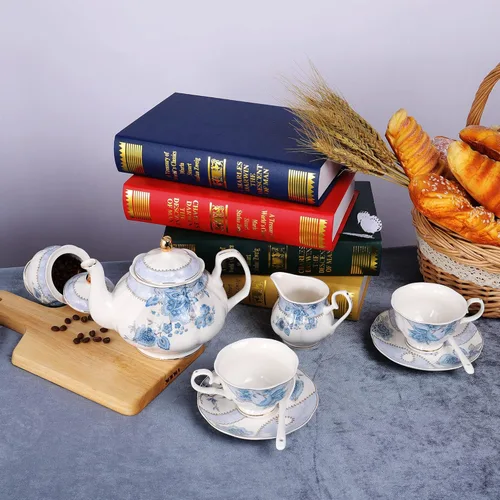Vista 6 de fanquare Juego de té de porcelana con flores azules, juego de taza de té y platillo para 6, juego de té de boda con jarra de crema, juego de café