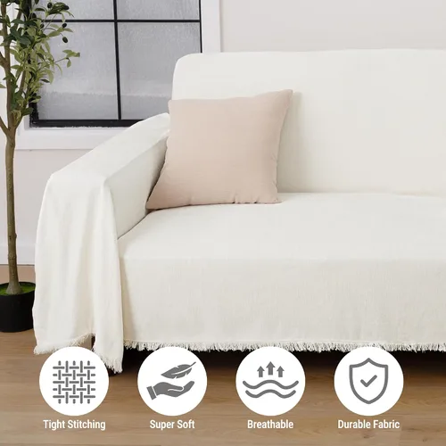 Vista 6 de Funda de sofá de chenilla, lavable, color beige y blanco, para sofá de 2 cojines, cómoda, gruesa y suave, en forma de L, protector de muebles