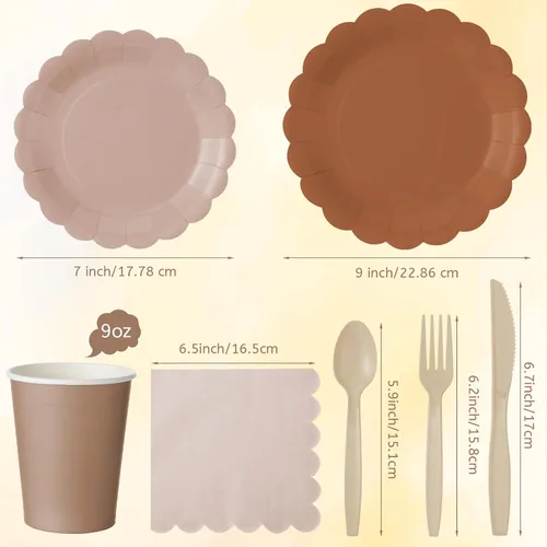 Vista 2 de Yaomiao Juego de vajilla desechable de 175 piezas de platos de papel marrón con cuchillo de plástico, cuchara, tenedor, cuchara, decoración de boda