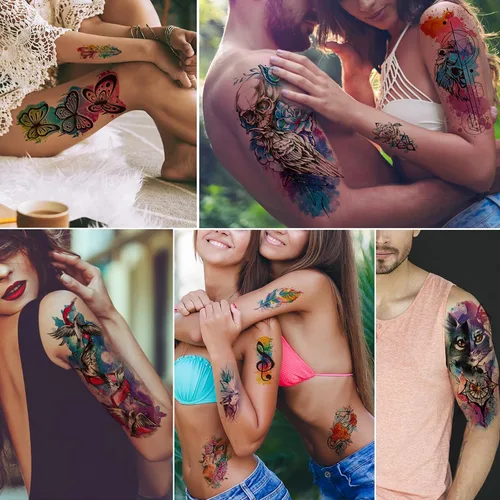 Vista 7 de JEEFONNA 86 hojas de tatuajes temporales, 14 hojas grandes de medio brazo de tatuajes falsos de flores, gato, búho y león, 72 hojas pequeñas