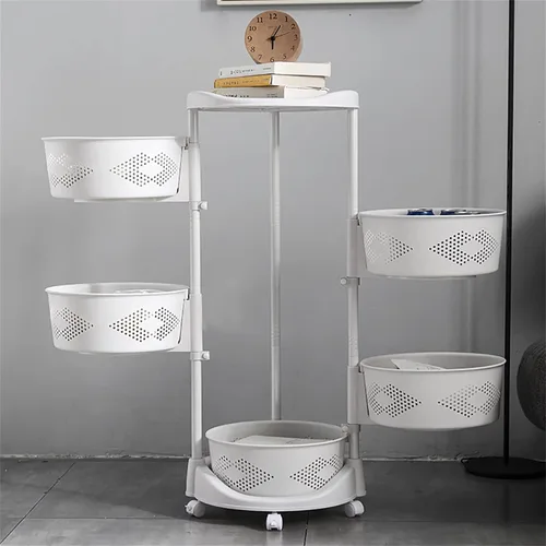Vista 3 de Soporte de almacenamiento giratorio multifuncional de 5 niveles con 5 ruedas bloqueables para cocina, dormitorio, sala de estar