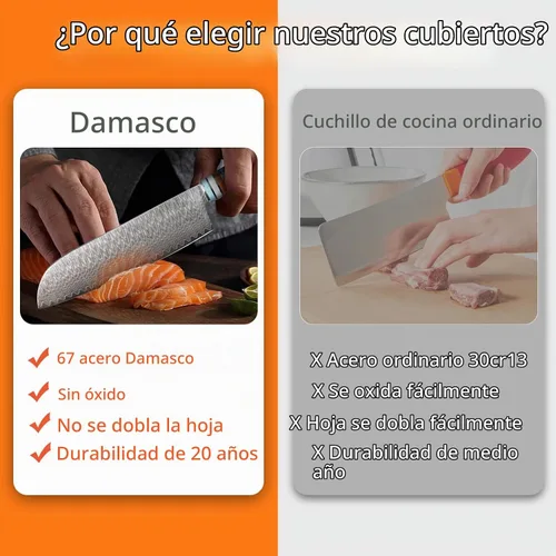 Vista 5 de Kuwata - Cuchillo Santoku profesional, cuchillo de cocina japonés de acero VG10 damasquinado, mango ergonómico de madera para chef, cuchillos