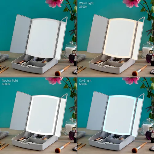 Vista 8 de Espejo LED Plegable con Organizador de Maquillaje 3 en 1 Panomir InnovaGoods