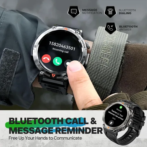 Vista 8 de Reloj inteligente militar para hombre, reloj GPS con linterna, brújula 3ATM, impermeable, resistente, táctico, inteligente, Bluetooth, 1.45
