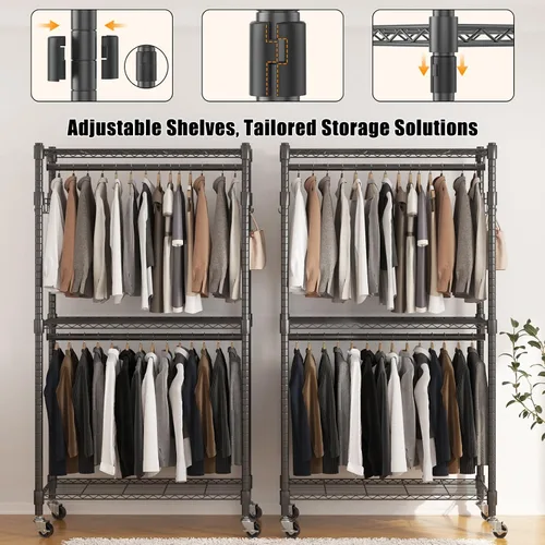 Vista 7 de BATHWA Perchero angosto de 2 niveles para colgar ropa, perchero portátil que ahorra espacio con ruedas y varillas dobles, 8 perchas, ajustable, Negro