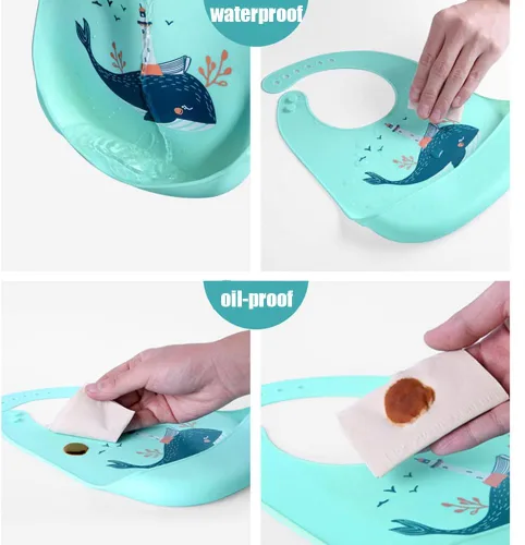Vista 5 de Baberos de alimentación del silicón del bebé, 3pcs baberos impermeables ajustables para la alimentación