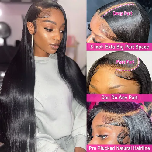 Vista 2 de mengkai Pelucas de Encaje Frontal Liso de 36 Pulgadas Cabello Humano Pre Arrancado con Pelitos de Bebé Pelucas de Encaje Frontal HD 13x6 Cabello
