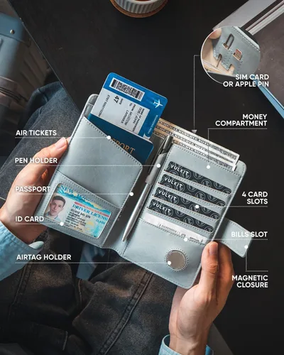 Vista 6 de VULKIT Cartera de pasaporte compatible con Airtag Holder Bifold Travel Card Holder, Azul, Moda