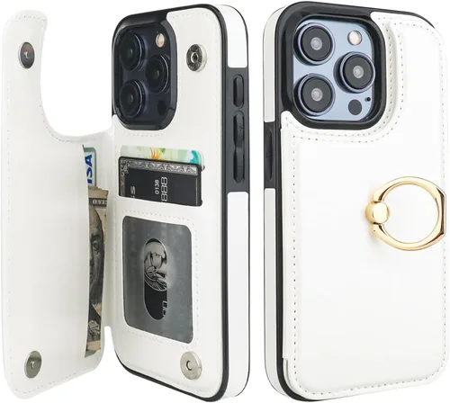 Vista 12 de ONETOP - Funda tipo cartera para iPhone 15 Pro con soporte para tarjetas, anillo de rotación de 360°, bloqueo RFID, piel sintética, doble cierre