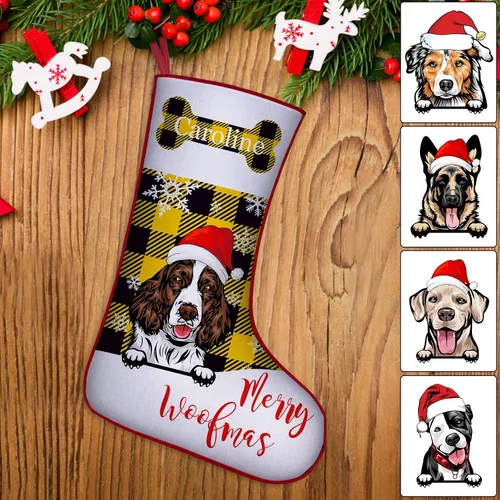 Vista 31 de Medias de Navidad de raza de perro personalizadas con texto de nombre, regalos de decoración de calcetines de Navidad personalizados para perros