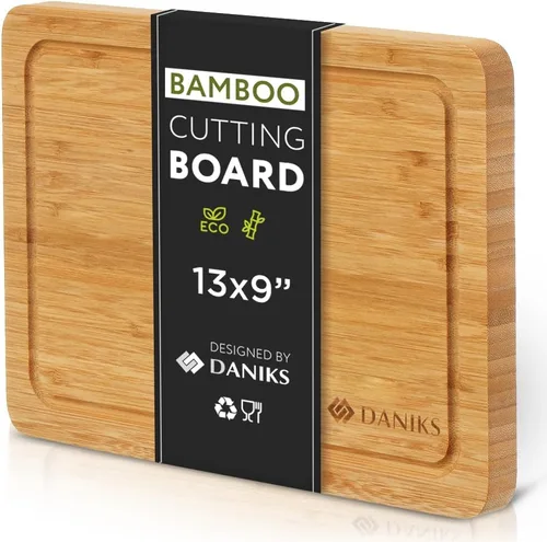Vista 10 de Daniks Juego de 2 tablas de cortar de bambú con ranura para jugos, XL de 16 x 12 pulgadas y 13 x 9 pulgadas de largo, tablas de cortar para cocina