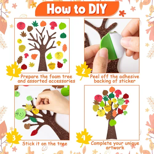 Vista 4 de 3sscha 24 Pack Calcomanías de espuma de árbol de otoño para manualidades para niños DIY autoadhesivas en forma de hoja, calabaza, bellota
