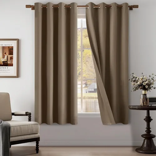 Vista 37 de Cortinas texturizadas de lino 100% opacas de 64 pulgadas de largo, juego de 2 paneles para granja, casa de campo, cortinas ligeras con ojales