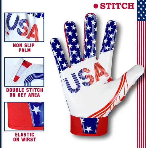 Vista 2 de Guante receptor de fútbol con bandera estadounidense, agarre de silicona para hombres, adultos y jóvenes