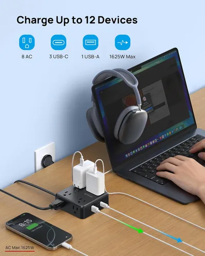 Vista 2 de TROND Regleta protectora de sobretensiones, cable de extensión de enchufe plano de 5 pies con 8 tomas de corriente y 4 puertos USB (3 USB C), 1625