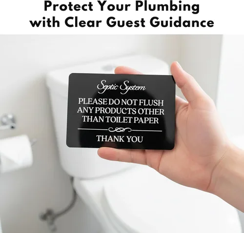Vista 2 de Señal de inodoro con texto en inglés «Do Not Flush System» (acrílico negro de 5 x 3.5 pulgadas) – Letrero de «Do Not Flush Anything Except Toilet