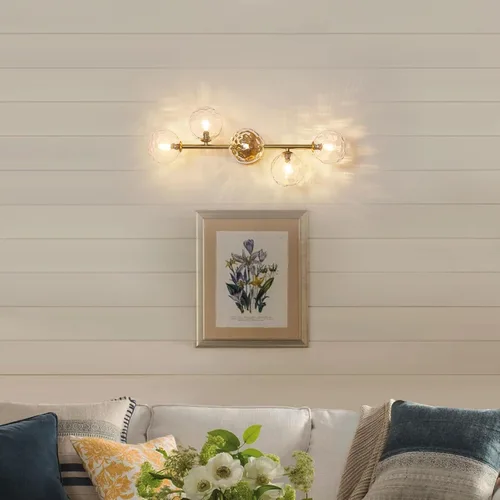 Vista 8 de Luminarias de Espejo de Tocador de Baño: Aplique de Pared de Baño Regulable de 5 Luces - Luces de Tocador de Latón Dorado con Pantalla de Vidrio