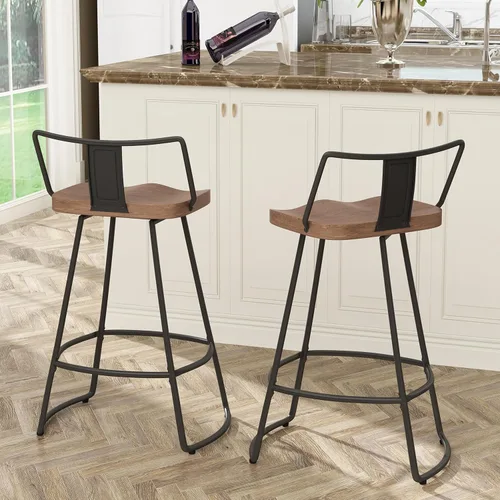 Vista 4 de Taburetes de bar giratorios de 24 pulgadas con respaldo, juego de 2 sillas de bar de metal con asiento de madera, taburetes de bar industriales