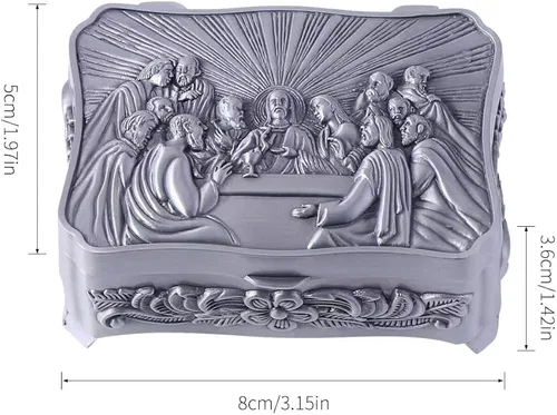 Vista 3 de WHLHMK Rosario católico para mujer con caja de rosario, collar de rosario de cuentas de cristal azul con caja de joyería vintage de la última cena