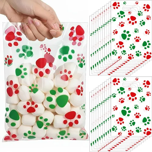 Vista 23 de Pasimy 100 bolsas de regalo de pata de perro a granel, diseño de pata de mascota, bolsas de plástico con asa para decoración de fiesta de cumpleaños