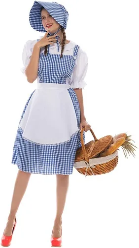 Vista 2 de FantastCostumes Disfraz clásico de Dorothy para mujer, disfraz de Halloween para cosplay, cuento de hadas de Kansas Girl, vestido a cuadros azul