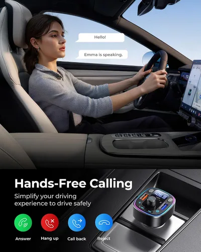 Vista 7 de LENCENT Bluetooth 5.4 Adaptador de coche Transmisor FM 54W Carga rápida Dual Mics, HiFi Bass Sound, 2 Modes LED Backlit, Cigarette Lighter Adapter