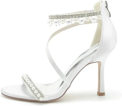 Vista 4 de Zapatos de novia para mujer, con puntera abierta, tacón alto, correa en el tobillo, zapatos de vestir, informales, formales, para bodas, fiestas