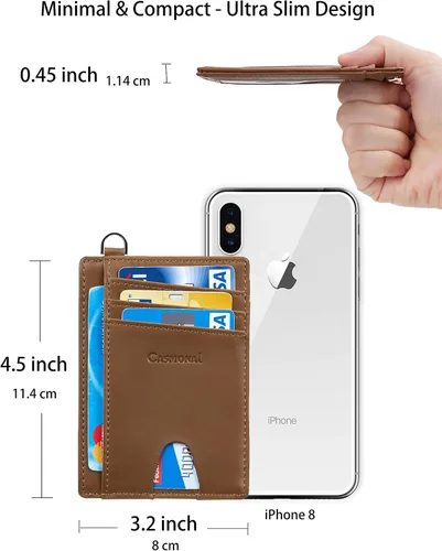 Vista 7 de Casmonal. - Billetera de bolsillo frontal minimalista con bloqueo RFID, tarjetero, para hombre y mujer., Crazy Horse Khaki Light), cs008010
