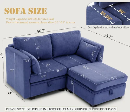 Vista 2 de Sofá de dos plazas con asientos de almacenamiento, seccional modular pequeño para espacios pequeños con brazos y respaldos reclinables, sofá de 2