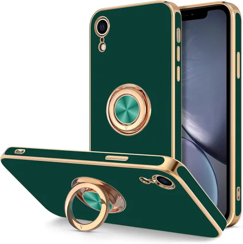 Vista 9 de Hython Funda para iPhone XR con soporte de anillo [soporte de anillo giratorio de 360° con soporte magnético] chapado en oro rosa brillante borde