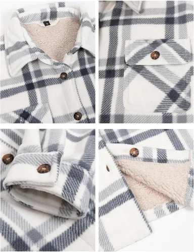Vista 5 de Lisskolo Chaqueta tipo camisa con forro polar para mujer con bolsillos para las manos, chaqueta de forro polar Sherpa con botones a cuadros, ropa