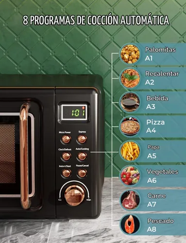 Vista 4 de SIMOE - Horno de microondas compacto, microondas retro para encimera, 0.7 pies cúbicos, 700 W con 8 juegos de cocción automática (negro)