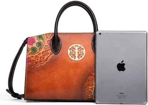 Vista 4 de Genuine Leather Floral Embossed Handbag for Women Handmade Vintage Tote Purse