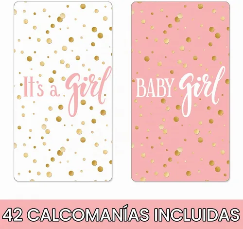 Vista 2 de Mini envoltorios de barra de caramelo rosa y dorado con texto en inglés "It's a Girl" para baby shower, 45 calcomanías