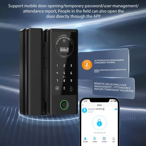 Vista 5 de Cerradura inteligente de vidrio cerradura de puerta WiFi desbloqueo remoto TT APP huella digital cara contraseña tarjeta IC métodos de desbloqueo