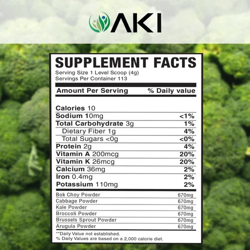 Vista 7 de AKI Cruciferous Superfood Green Mix Powder - Hecho de col rizada, brócoli, coles de Bruselas, repollo - Repleto de fitonutrientes y vitaminas