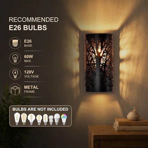 Vista 7 de Juego de 2 apliques de pared rústicos, con cable negro mate, sombra de árbol industrial, 1 luz E26 para dormitorio, pasillo, cabina