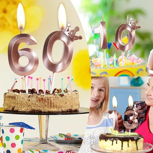 Vista 6 de Velas de cumpleaños número 10 para pastel, velas de oro rosa número 10 con corona, diseño 3D, decoración de pastel de cumpleaños para niñas