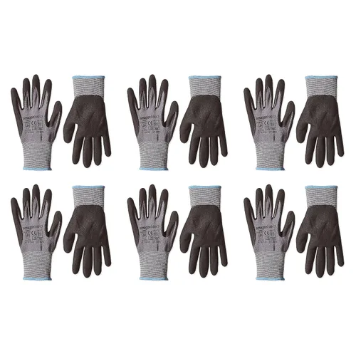 Vista 2 de Amazon Basics Guantes con revestimiento de nitrilo de microespuma, fibra de forro de nailon, pantalla táctil, gris, talla 7 (S), paquete de 6